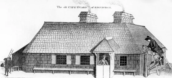 Alte Stadtwache von Edinburgh mit dem Holzpferd zur Bestrafung des Soldaten, 1786